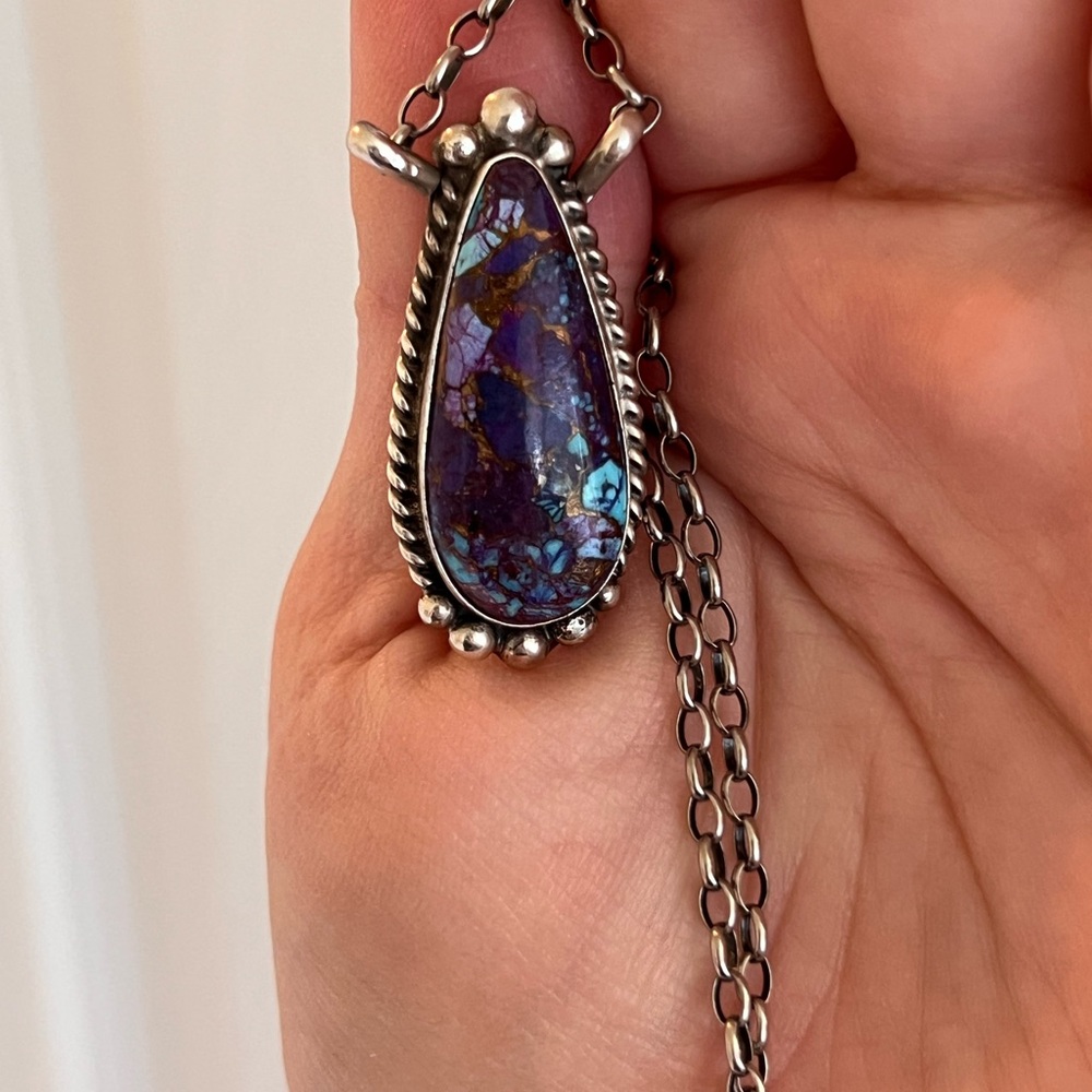 Vintage Signed Elouise Key Tested Sterling Silver PURPLE TURQUOISE Necklace - Picture 1 of 4